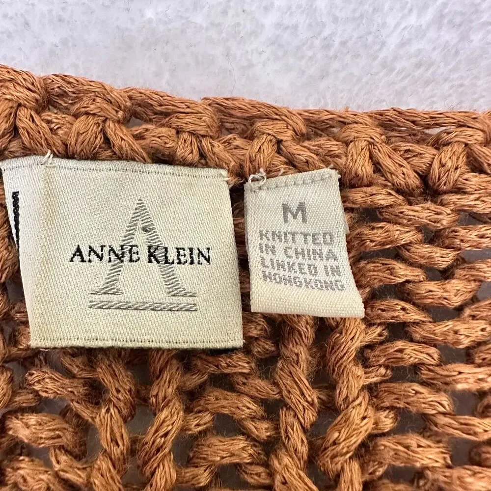Vintage Anne Klein 90s Linen Blend Cable Knit Fisherman Sweater Camel SzM